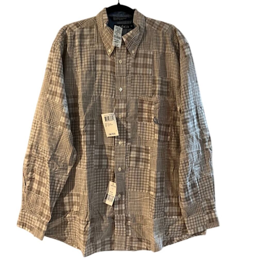 NWT VTG Y2K Nautica Shirt Mens Tan and White Madras Button Down Full Fit Size L